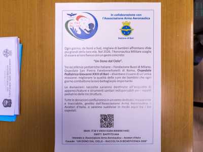 Tra gli ultimi progetti andati in porto c�� stato quest�anno �Un dono dal cielo�: un�iniziativa di beneficenza atta a raccogliere fondi per tre poli pediatrici, tra cui l�ospedale Giovanni XXIII di Bari